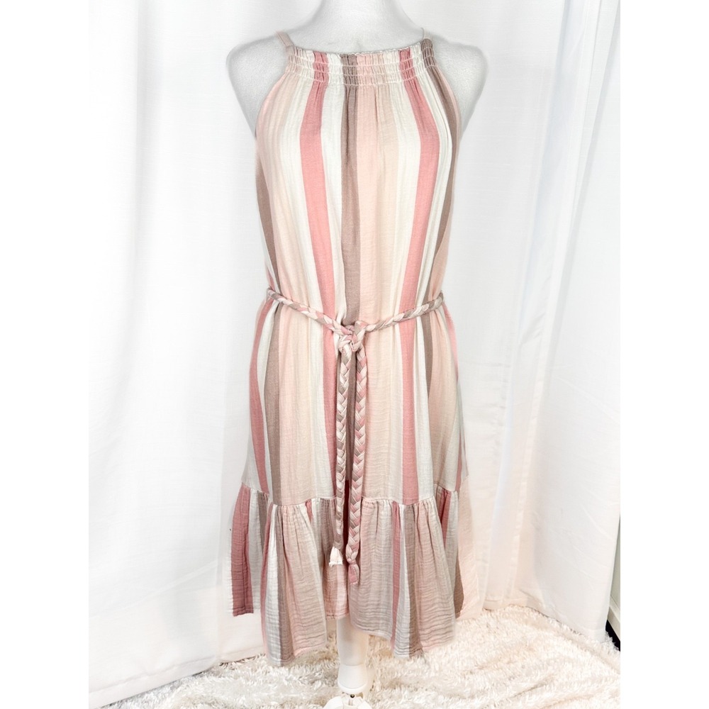 Rails Becca Dress Small Cheyanne Stripe Smocked Halter Belted Tiered Cotton EUC